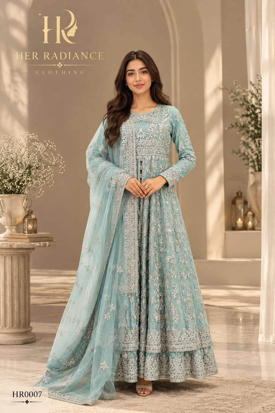 Ice Blue Heavily Embroidered Long Maxi Dress