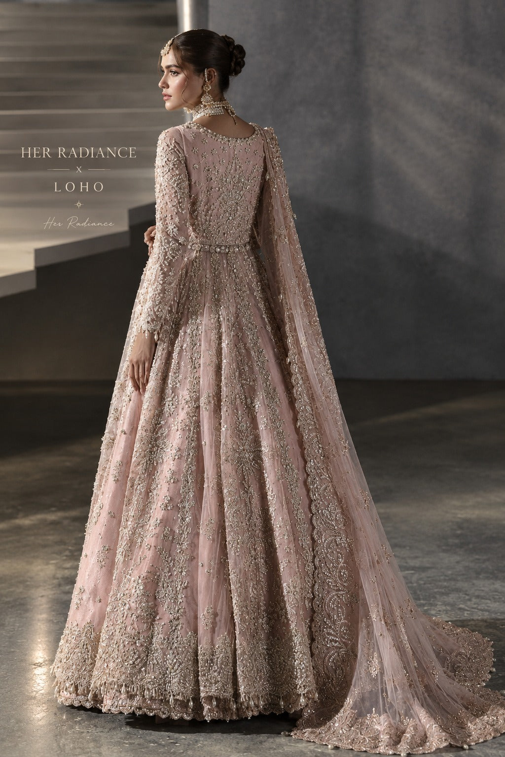 Powder Pink Bridal Net Peshwas - By Her Radiance