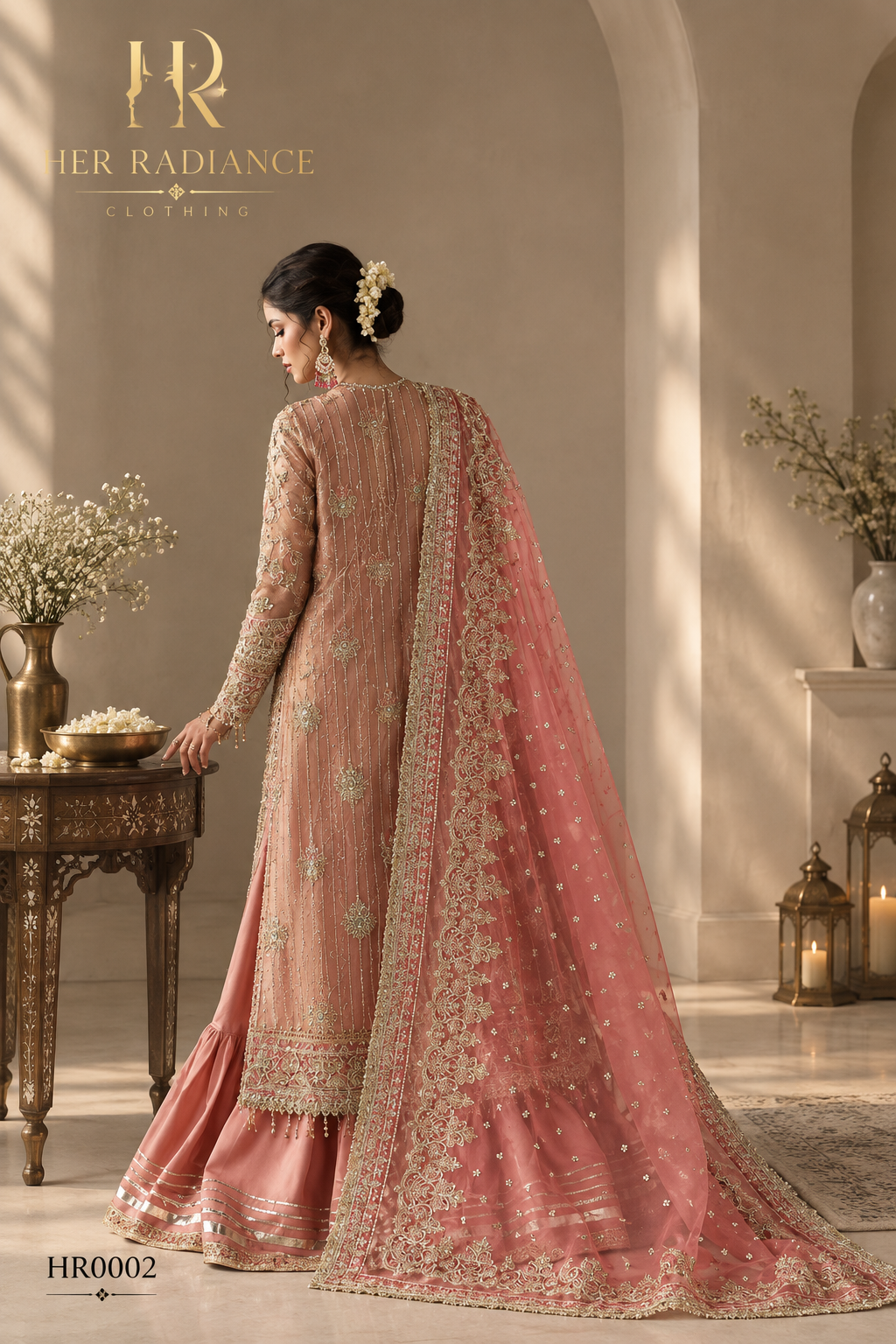 Dreamy Peach Heavily Embroidered Open Gown