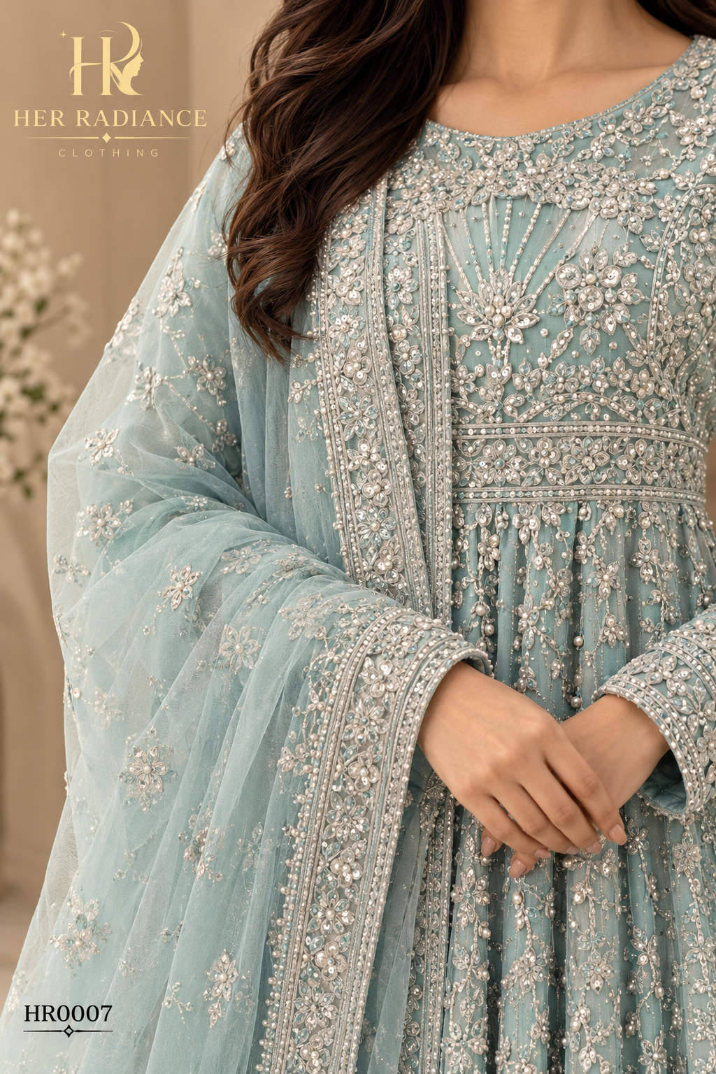 Ice Blue Heavily Embroidered Long Maxi Dress