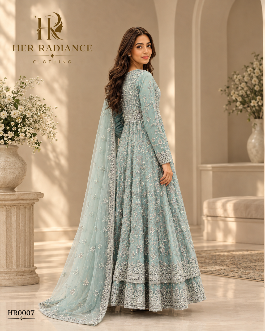 Ice Blue Heavily Embroidered Long Maxi Dress