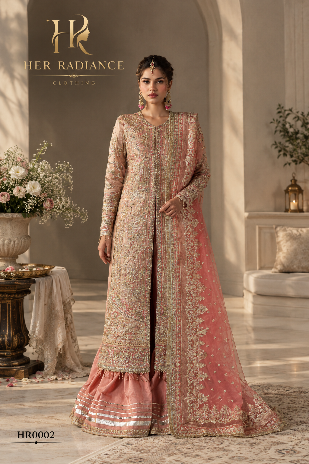 Dreamy Peach Heavily Embroidered Open Gown