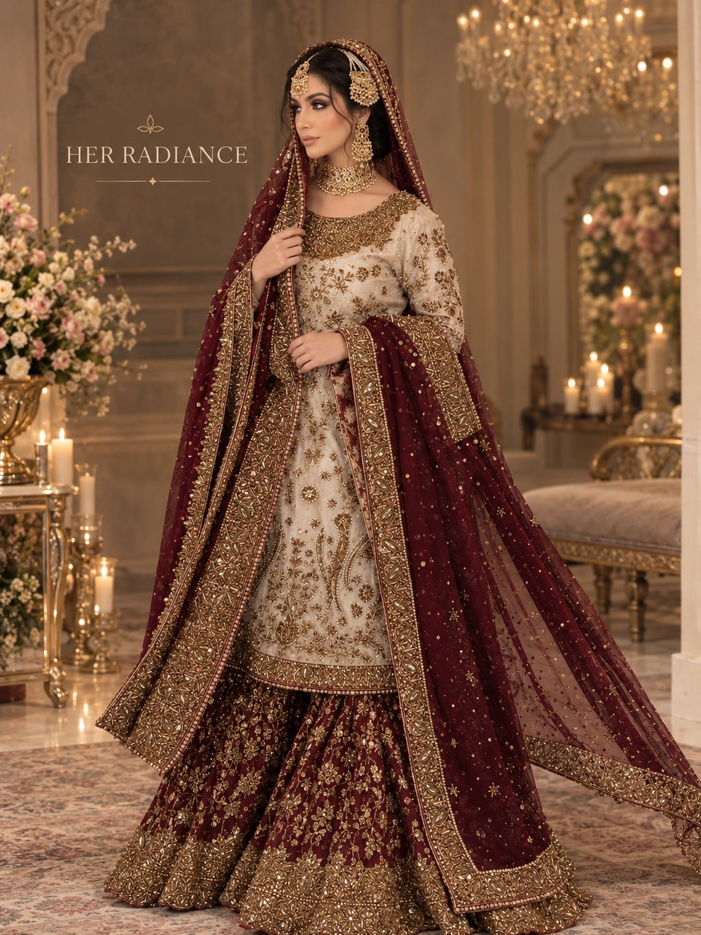 Deep Maroon & Ivory Pakistani Bridal Gharara