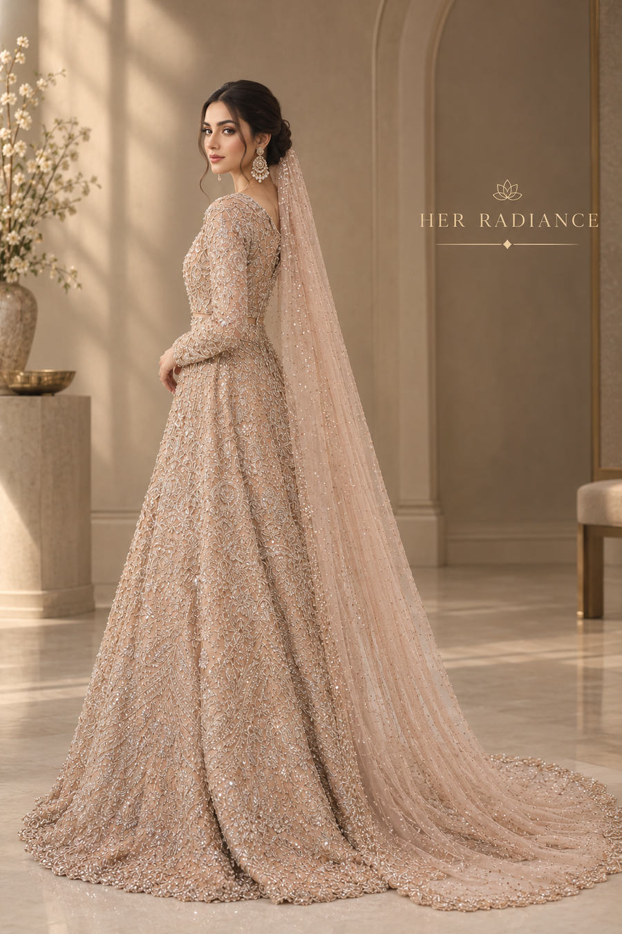 Peach Heavy Embroidered Pakistani Bridal Maxi
