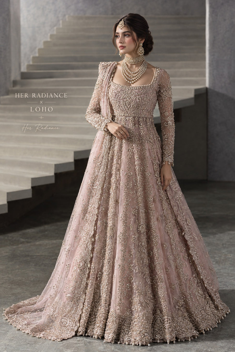 Powder Pink Bridal Net Peshwas - By Her Radiance
