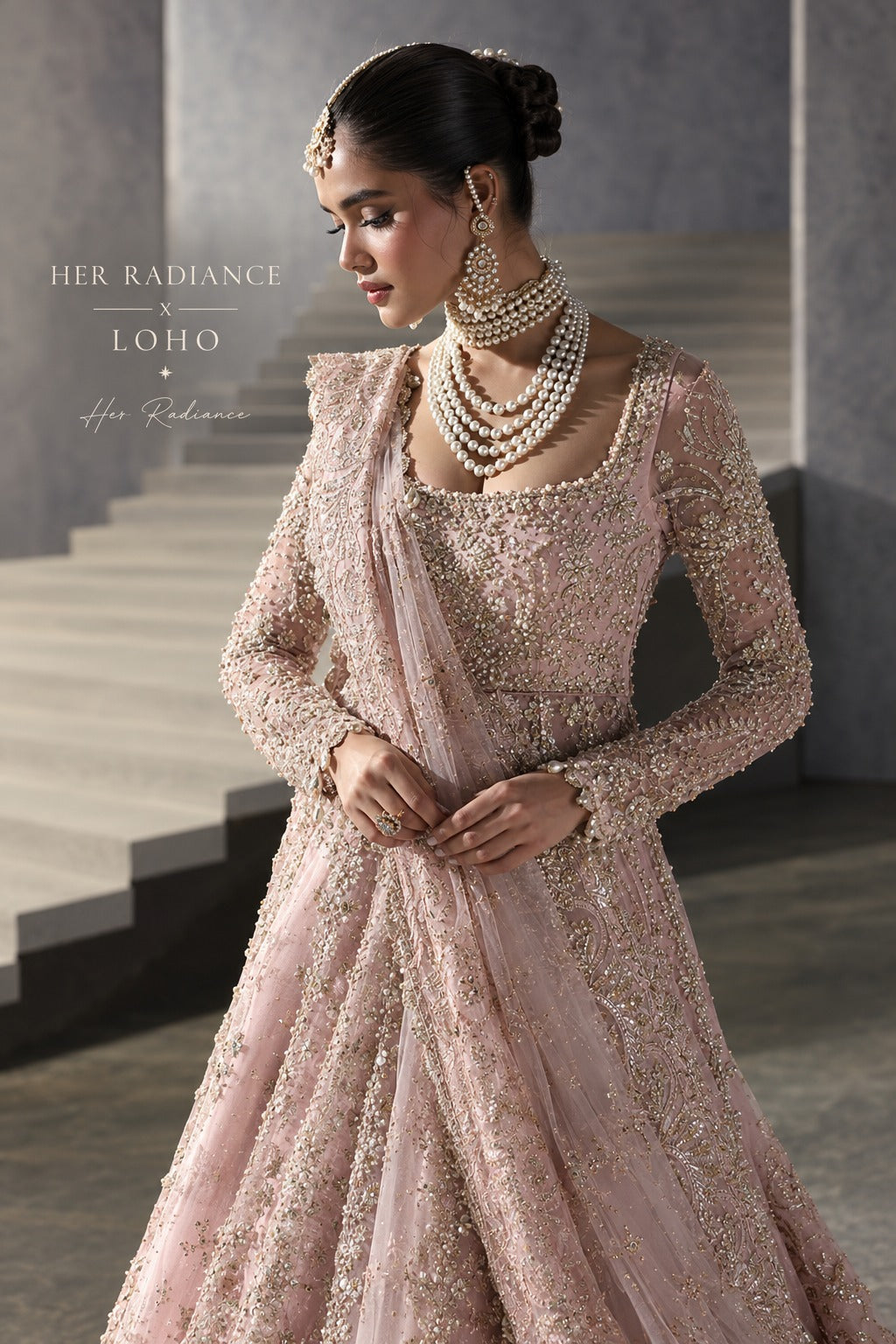 Powder Pink Bridal Net Peshwas - By Her Radiance